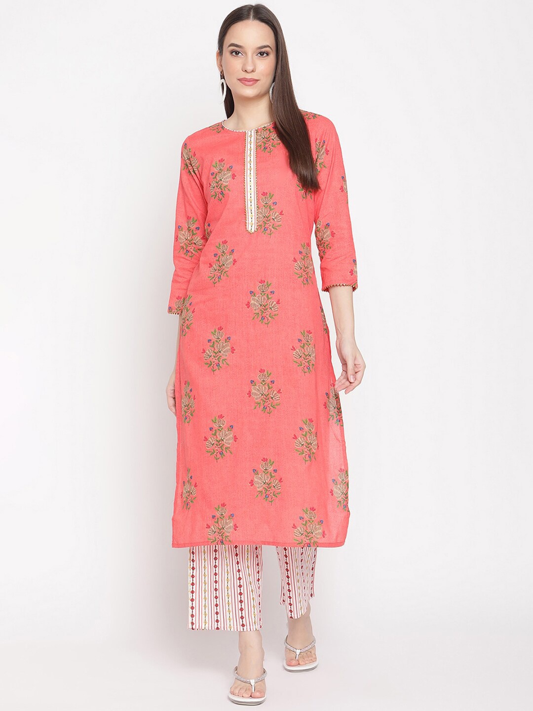 

Be Indi Women Floral Printed Straight Kurta with Palazzo Set, Coral