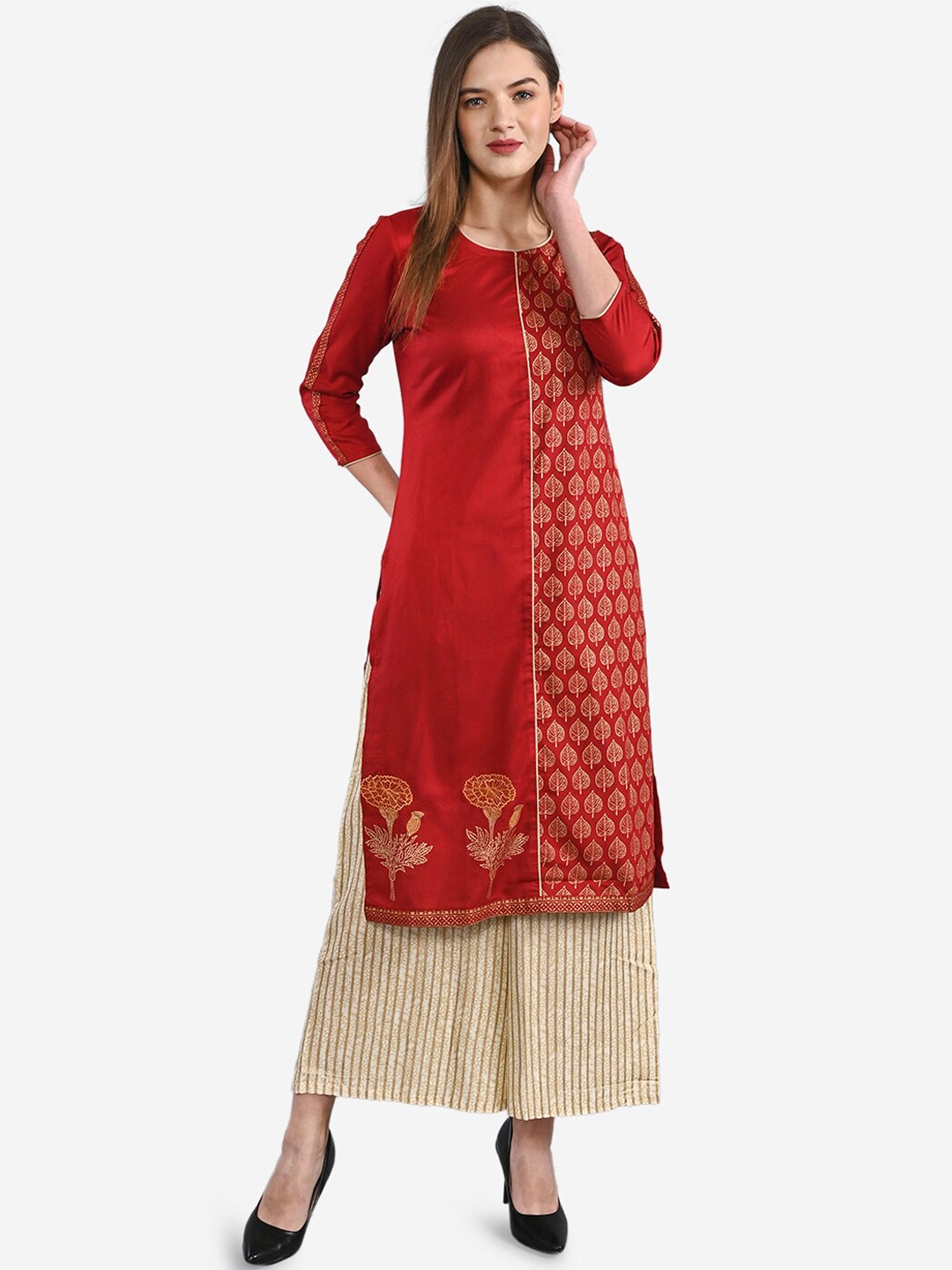 

Be Indi Women Floral Printed Kurta with Palazzos, Red