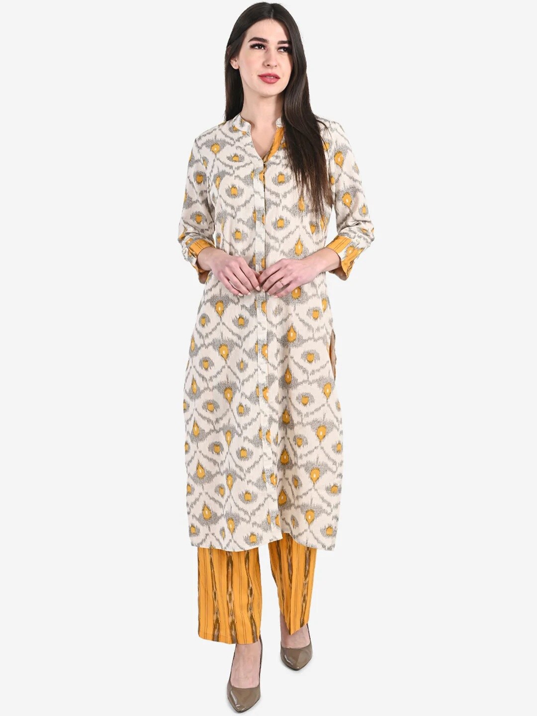 

Be Indi Women Abstract Printed Straight Kurta with Palazzos, Mustard