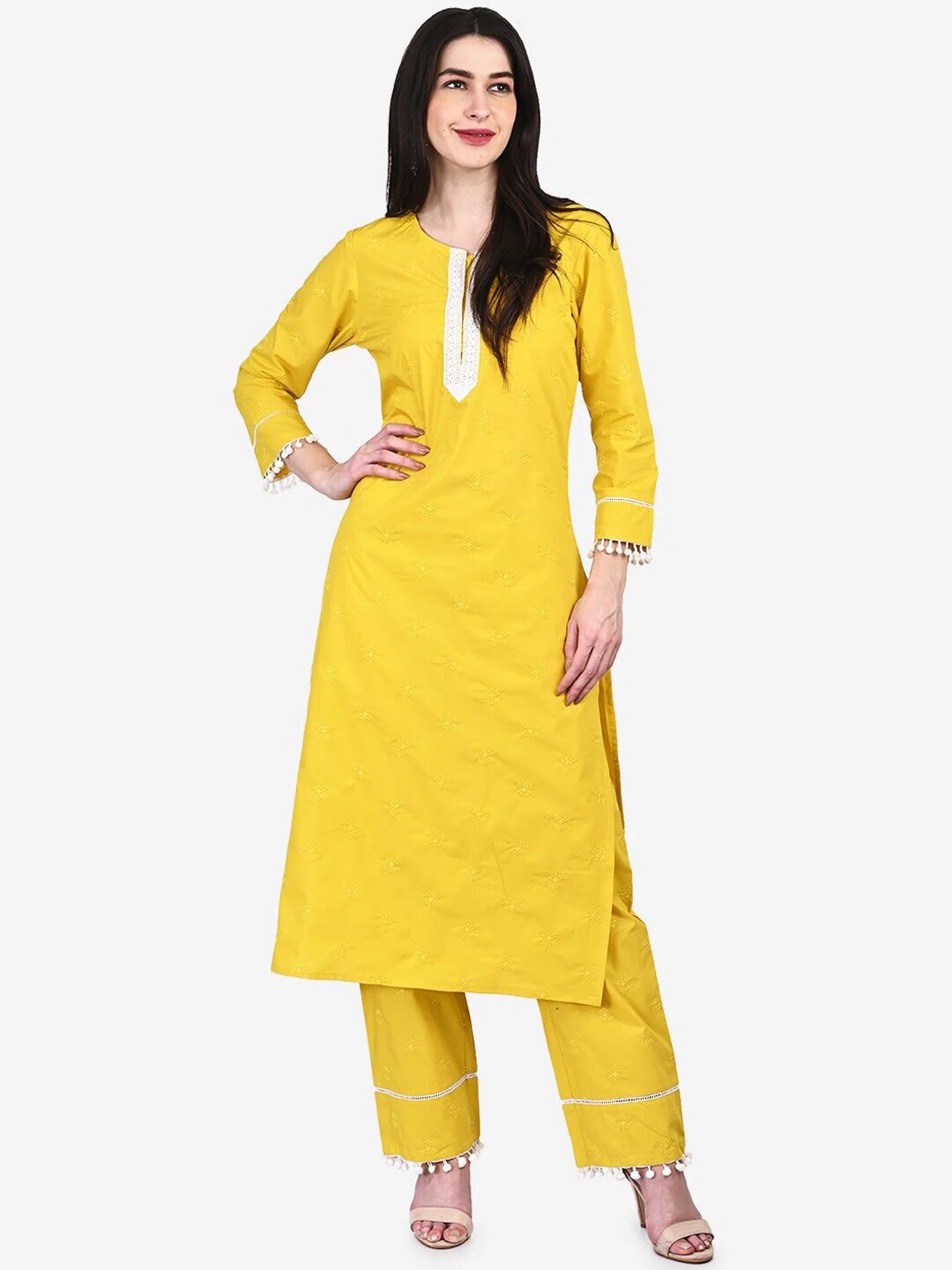 

Be Indi Women Floral Embroidered Straight Kurta with Trousers, Yellow