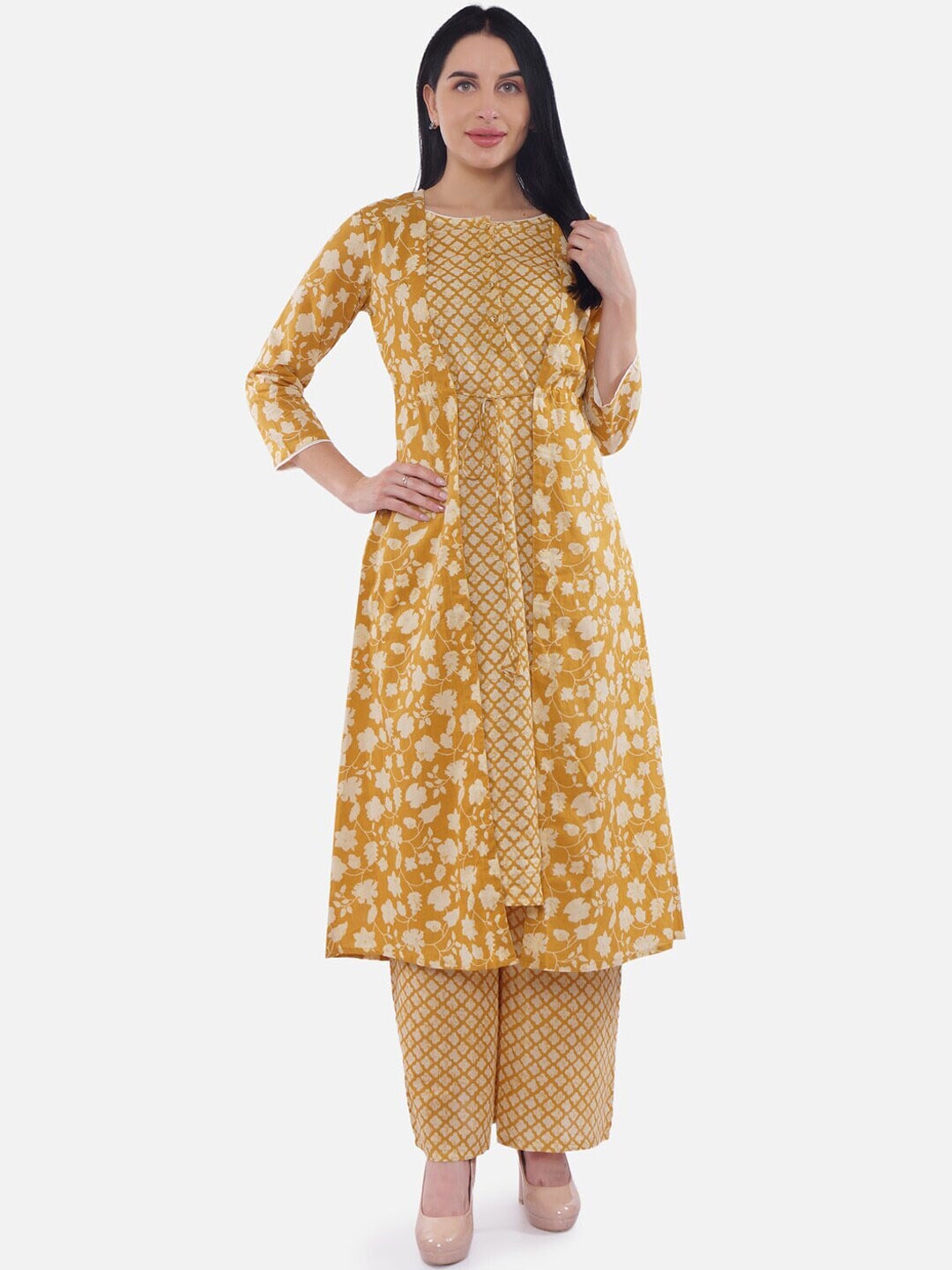 

Be Indi Women Floral Printed Layered Pure Cotton Kurta with Palazzos, Mustard