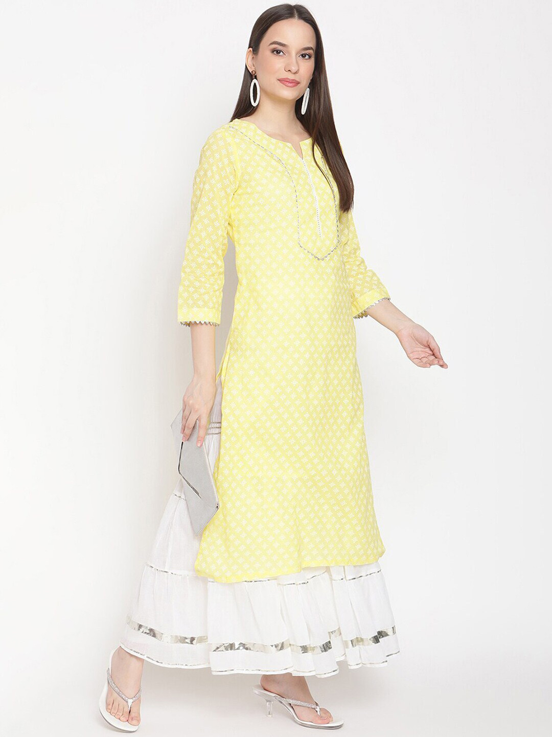 

Be Indi Ethnic Motifs Printed Notched Neck Gotta Patti Pure Cotton Kurta with Sharara, Yellow
