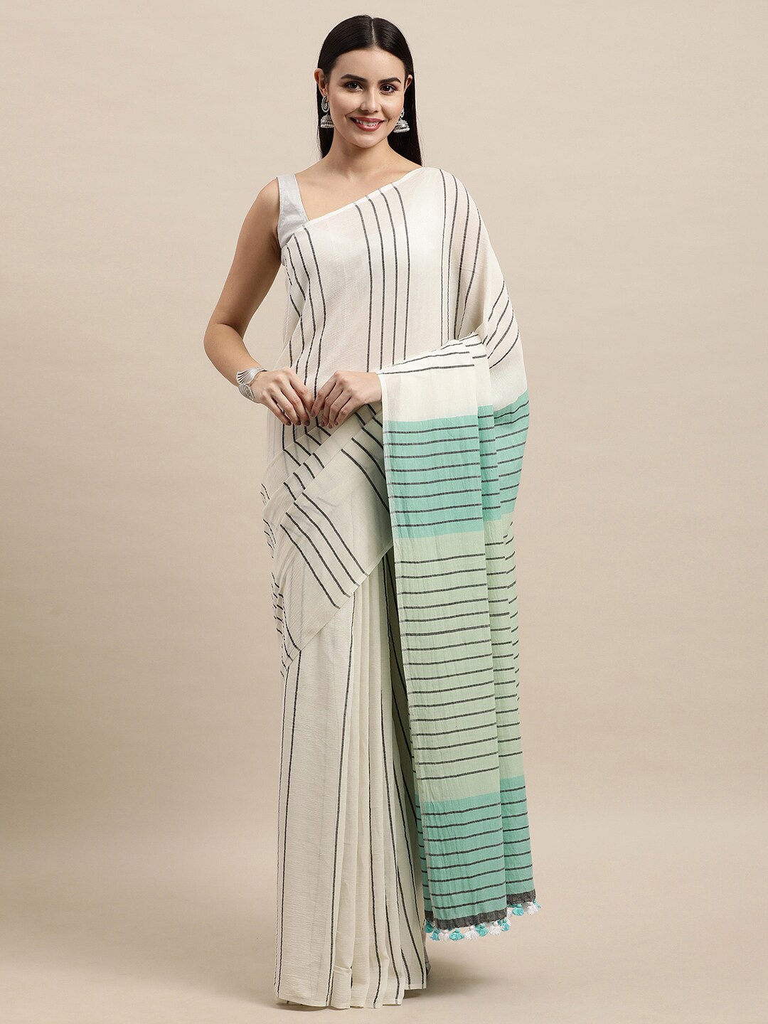 

ArtEastri Striped Pure Cotton Saree, Cream