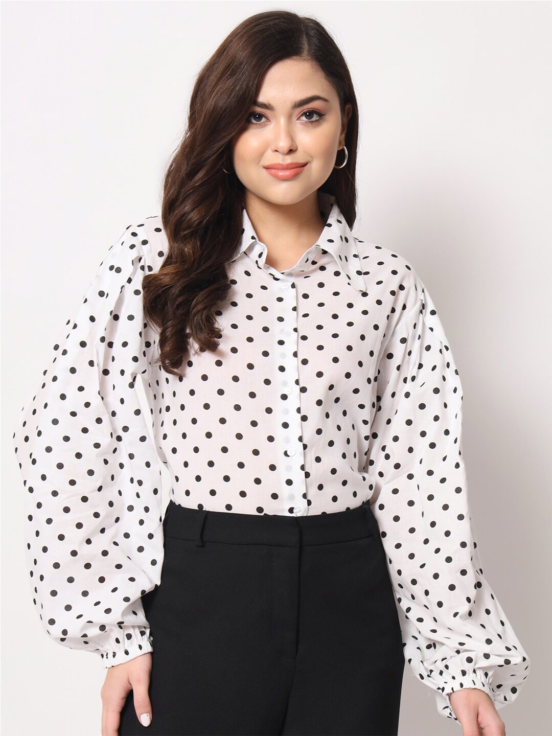 

Trend Arrest Women Contemporary Polka Dots Printed Formal Cotton Shirt, White