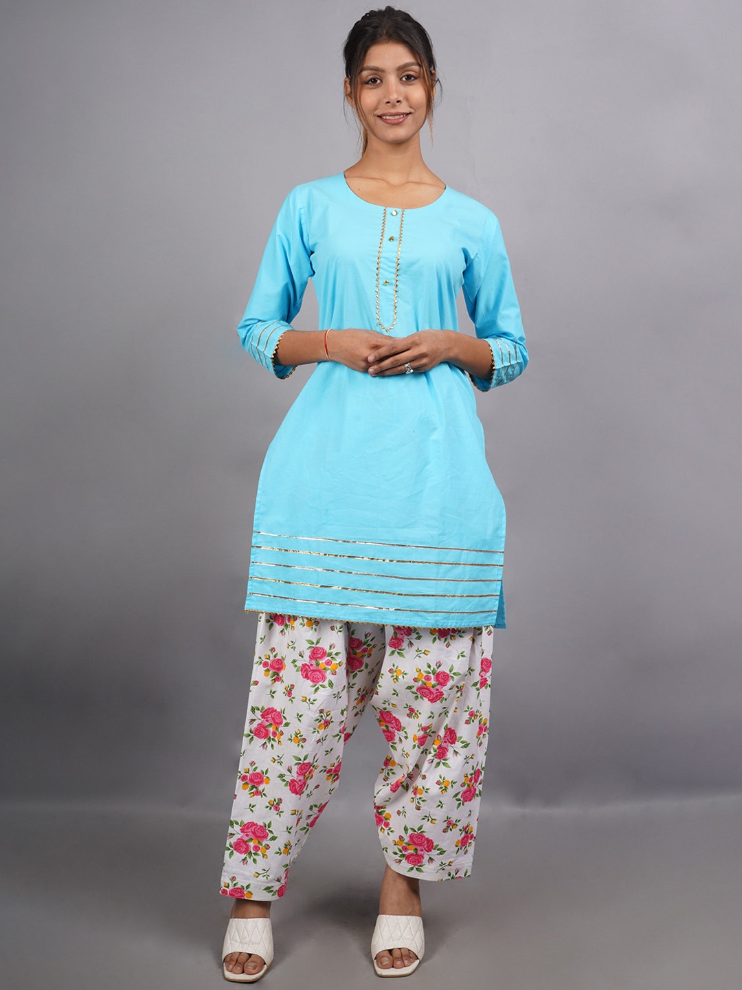 

Trendzmy Floral Printed Pure Cotton Kurta with Salwar & Dupatta, Turquoise blue