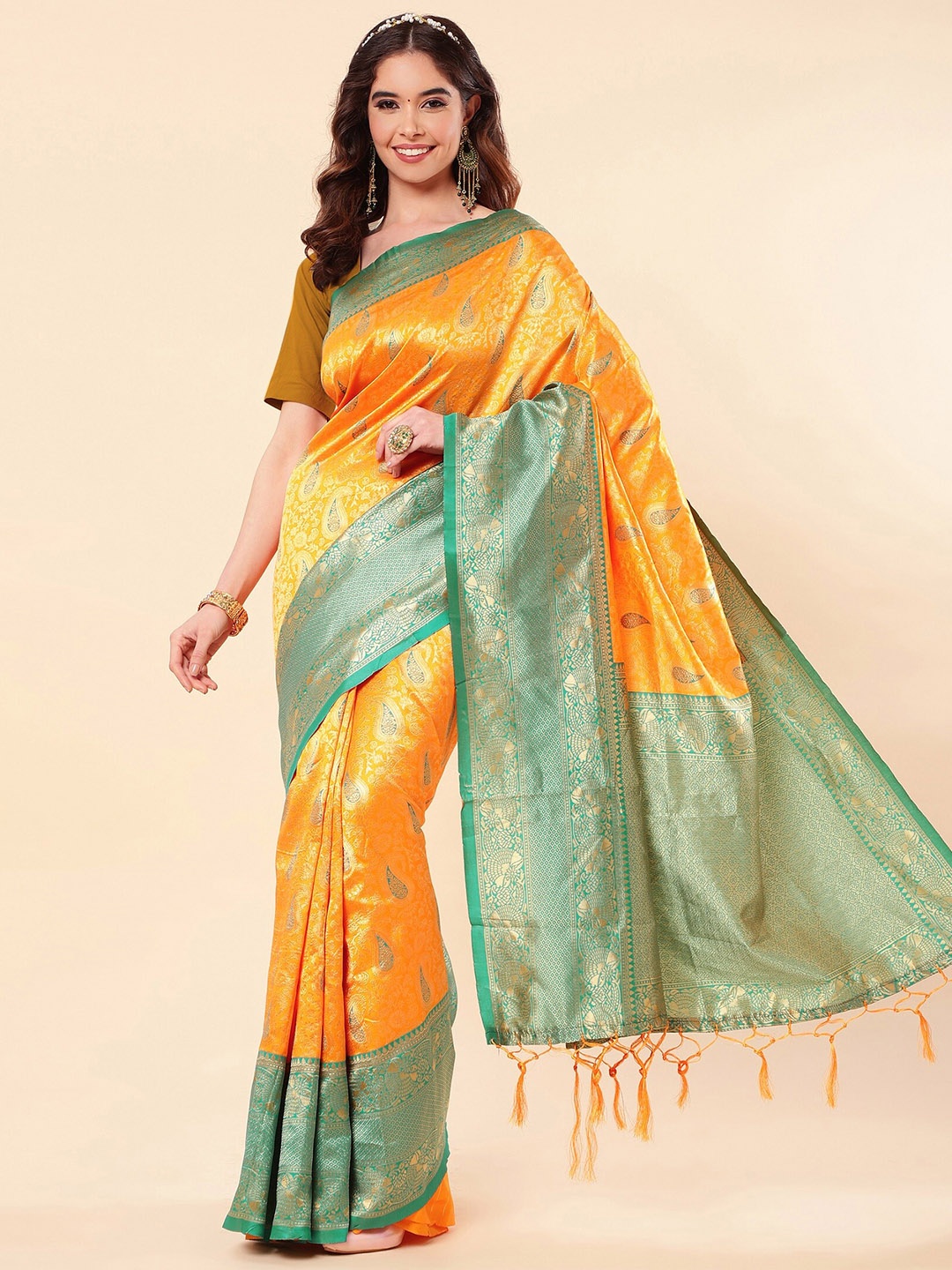 

ZIKARAA Woven Design Zari Pure Silk Banarasi Saree, Yellow