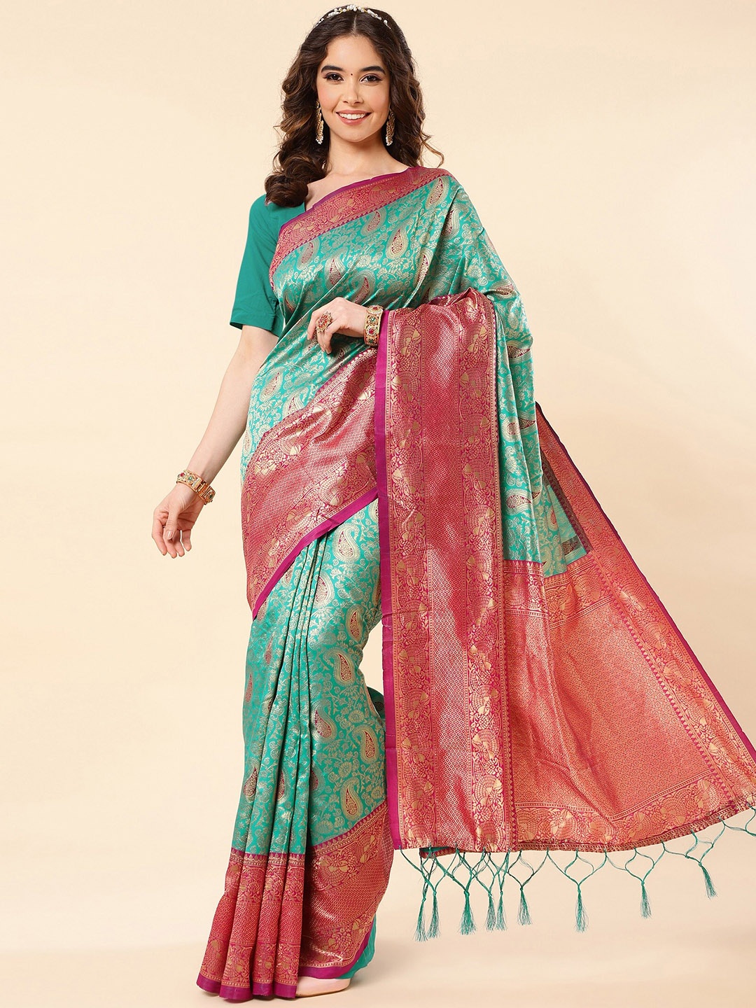 

ZIKARAA Woven Design Zari Pure Silk Banarasi Saree, Turquoise blue