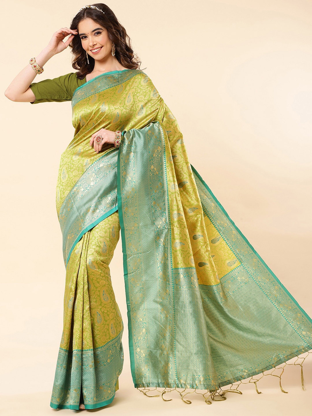 

ZIKARAA Woven Design Zari Pure Silk Banarasi Saree, Lime green