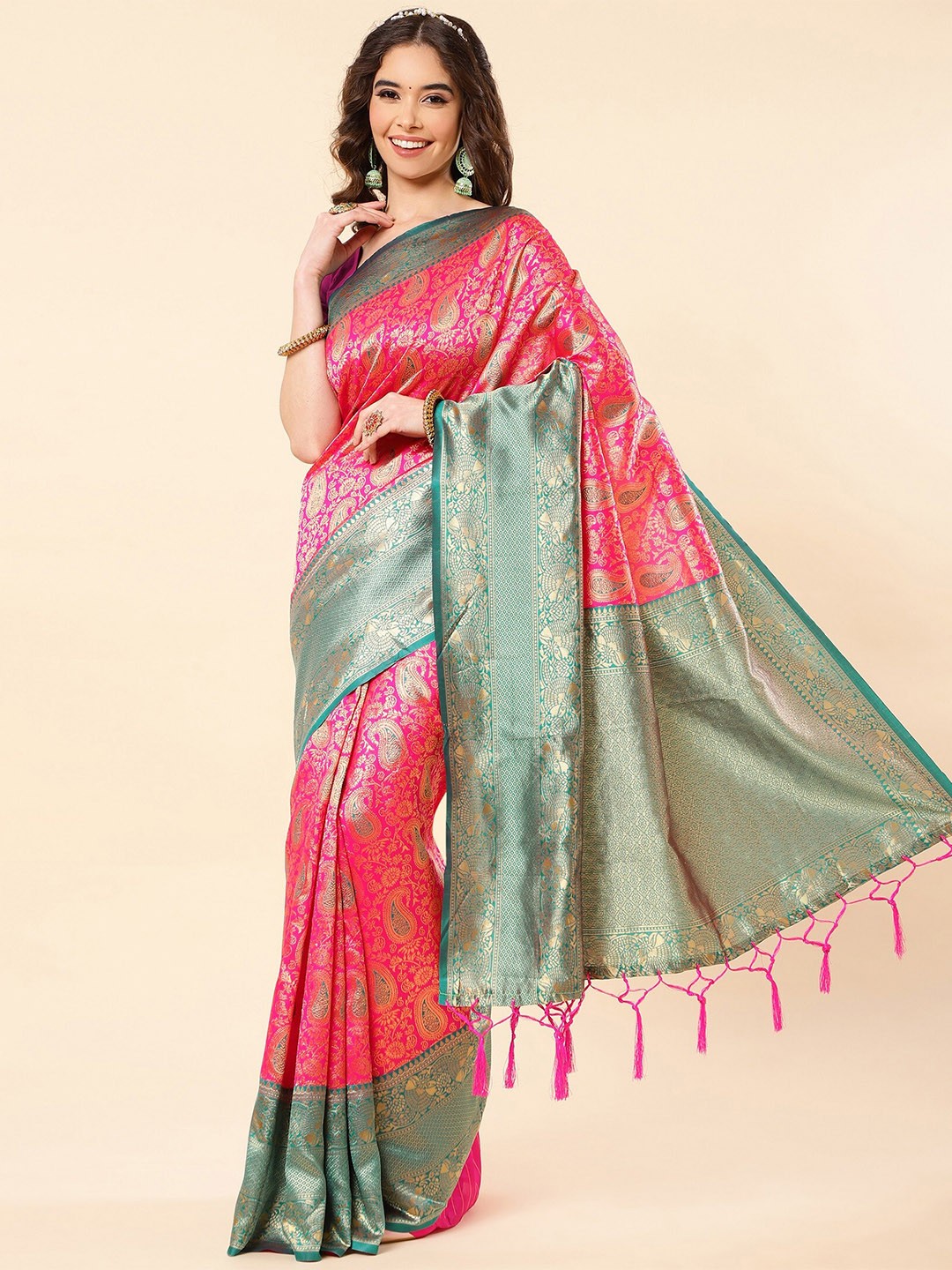 

ZIKARAA Woven Design Zari Pure Silk Banarasi Saree, Pink