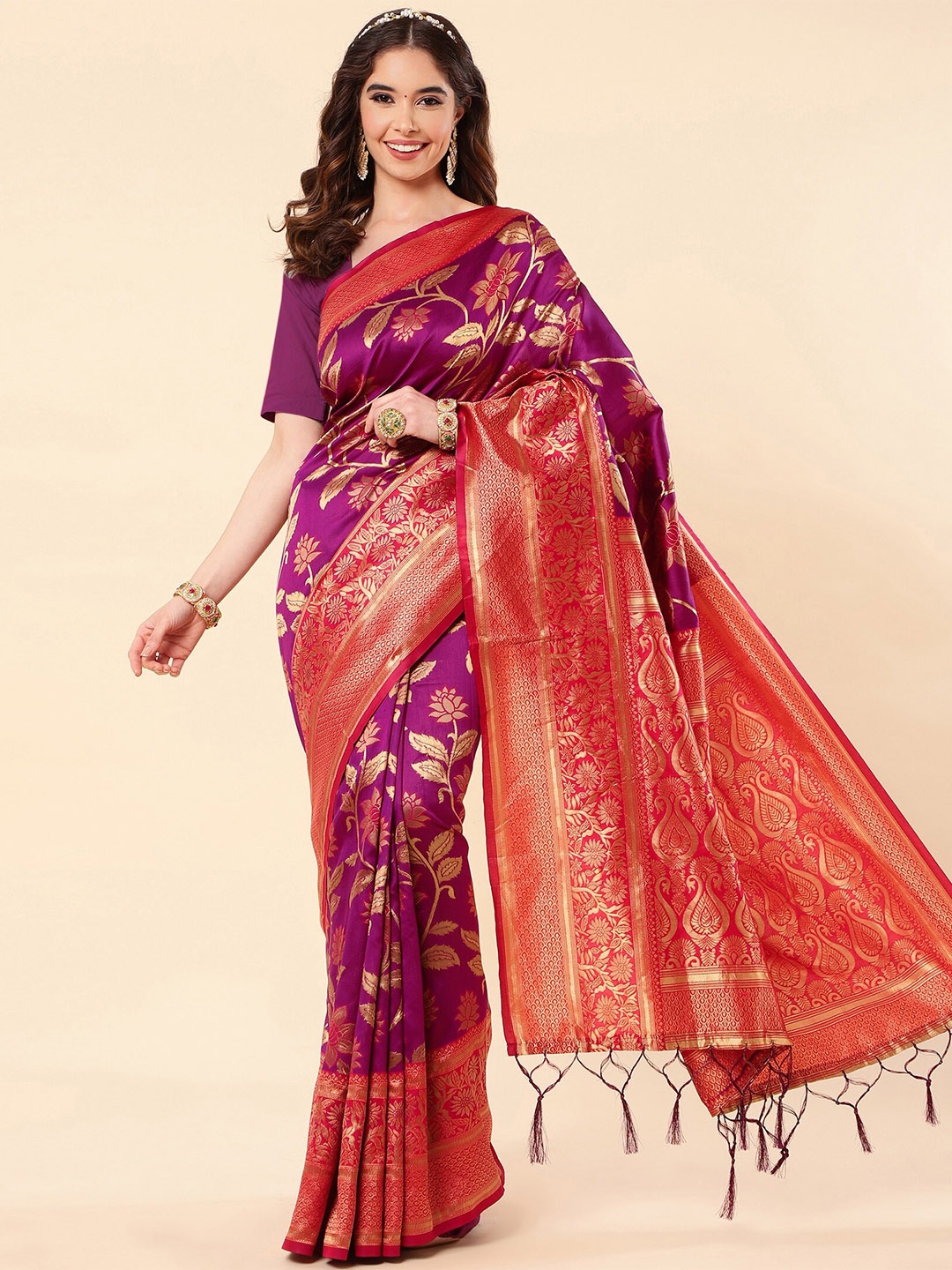 

ZIKARAA Woven Design Zari Pure Silk Banarasi Saree, Purple