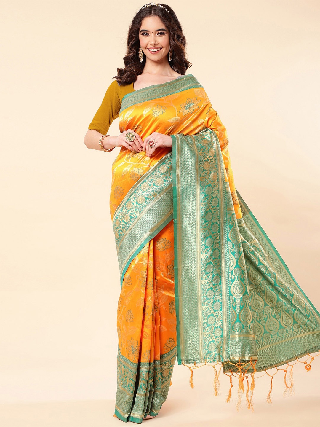 

ZIKARAA Woven Design Zari Pure Silk Banarasi Saree, Gold