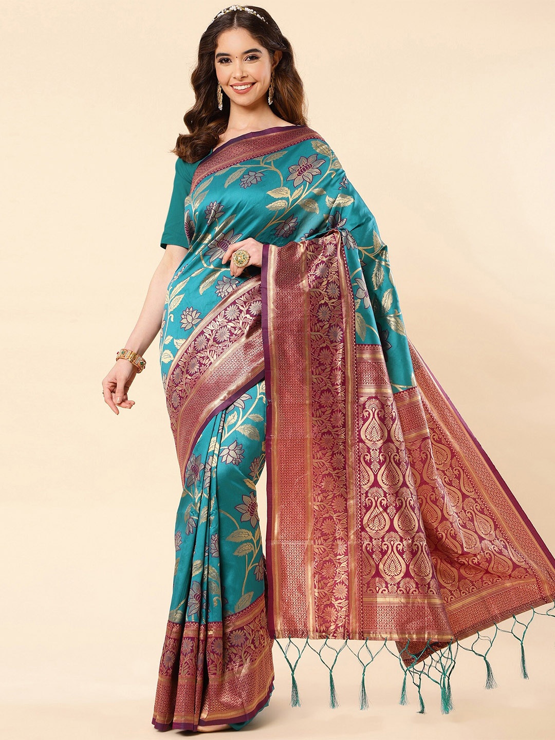 

ZIKARAA Woven Design Zari Pure Silk Banarasi Saree, Blue