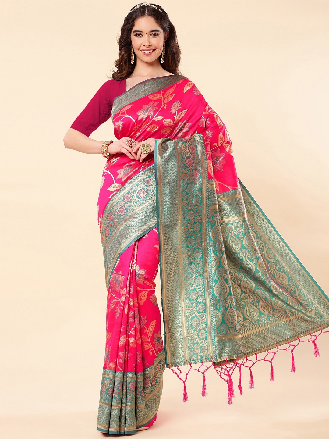 

ZIKARAA Woven Design Zari Pure Silk Banarasi Saree, Pink