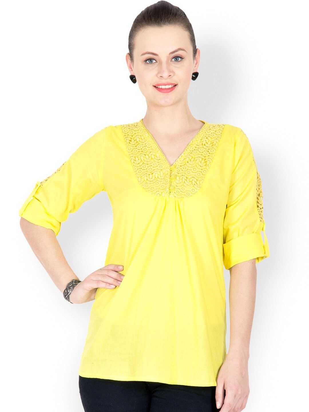 

U&F V-Neck Roll-Up Sleeves Cotton Top, Yellow