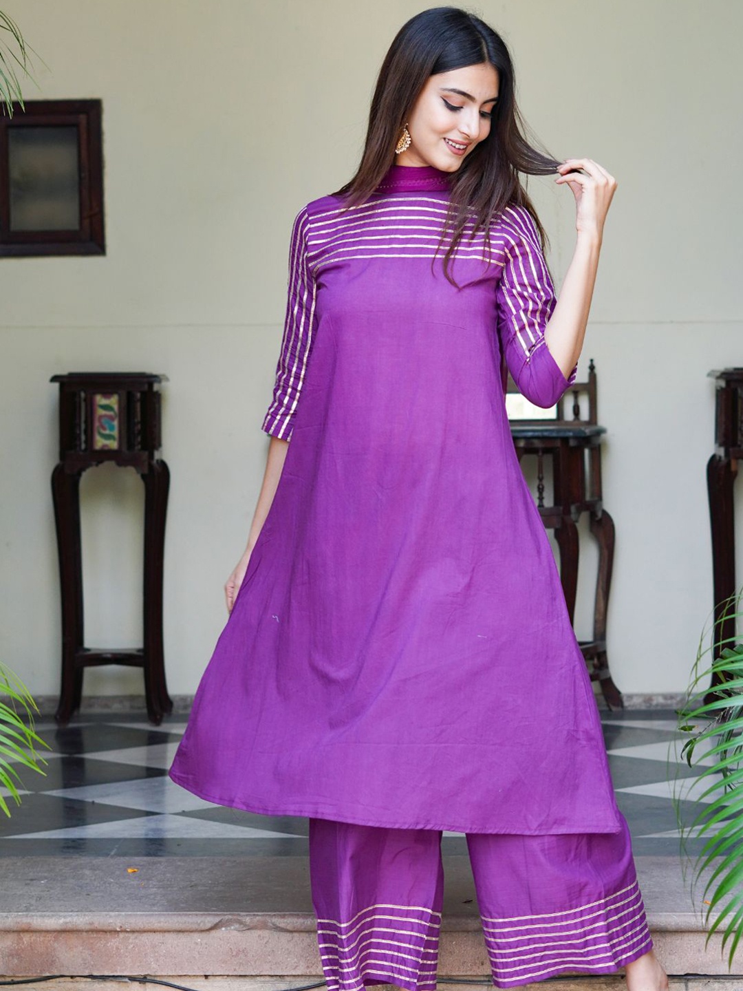 

HOUSE OF JAMOTI Pure Cotton Kurta with Palazzos & Dupatta, Purple