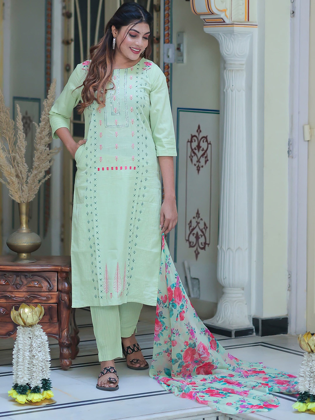 

Sangria Women Embroidered Pure Cotton Kurta with Trousers & With Dupatta, Green