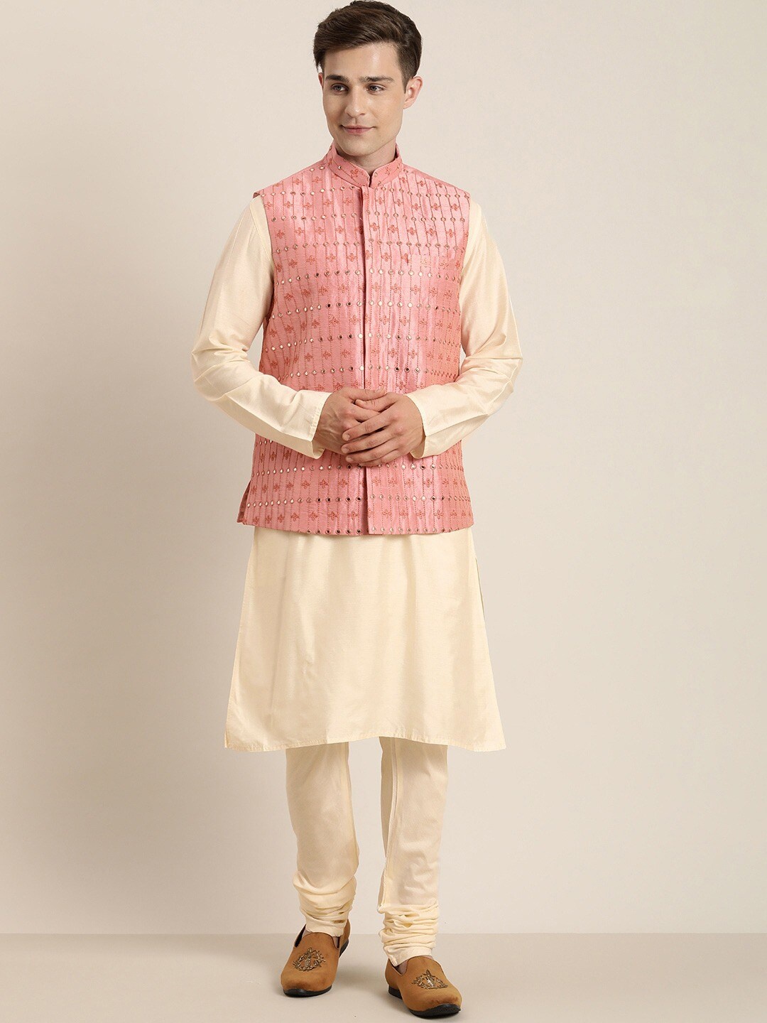 

SHRESTHA BY VASTRAMAY Men Regular Kurta with Churidar & Nehru Jacket, Cream