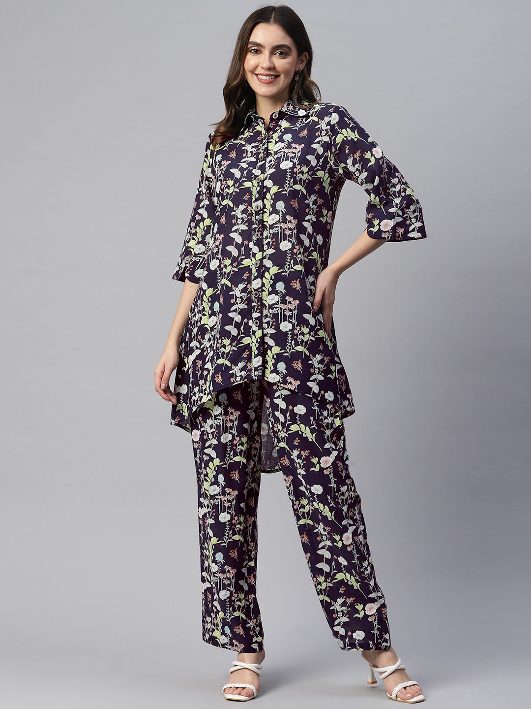 

Cottinfab Women Crepe Printed Tunic With Trousers, Navy blue
