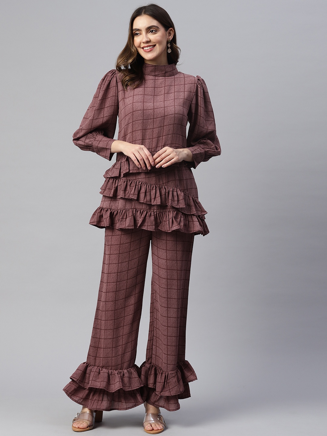 

Cottinfab Women Ruffles Checked Top With Palazzos, Burgundy