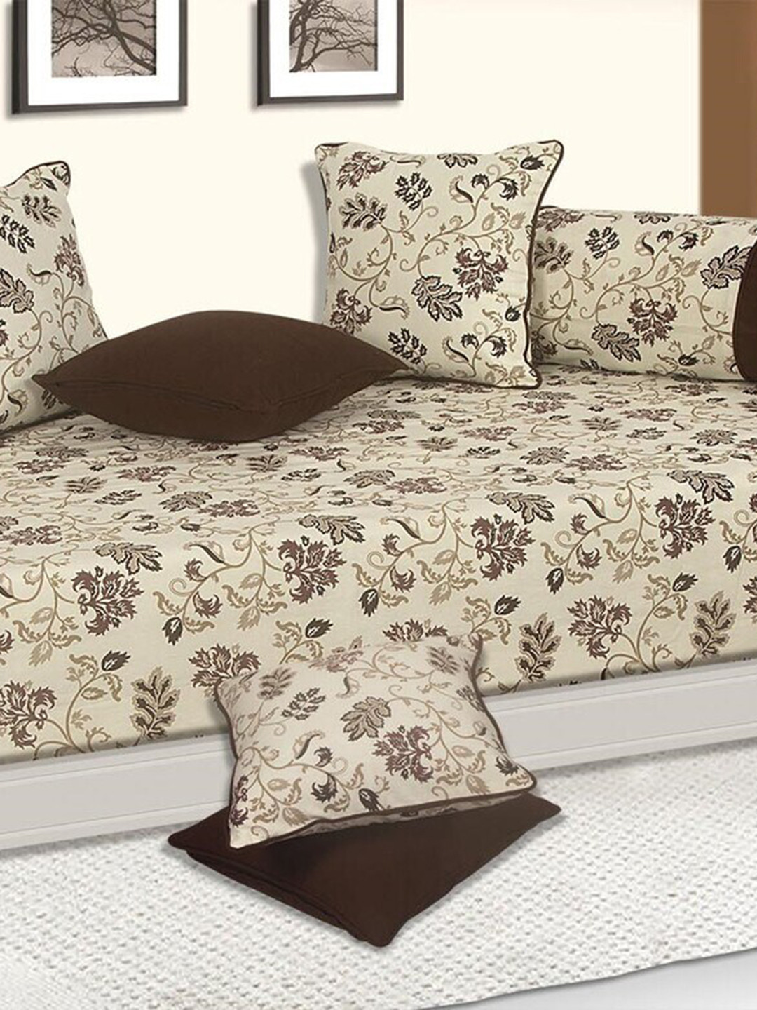

SHADES of LIFE Set Of 8 Brown Floral Printed Cotton Diwan Set