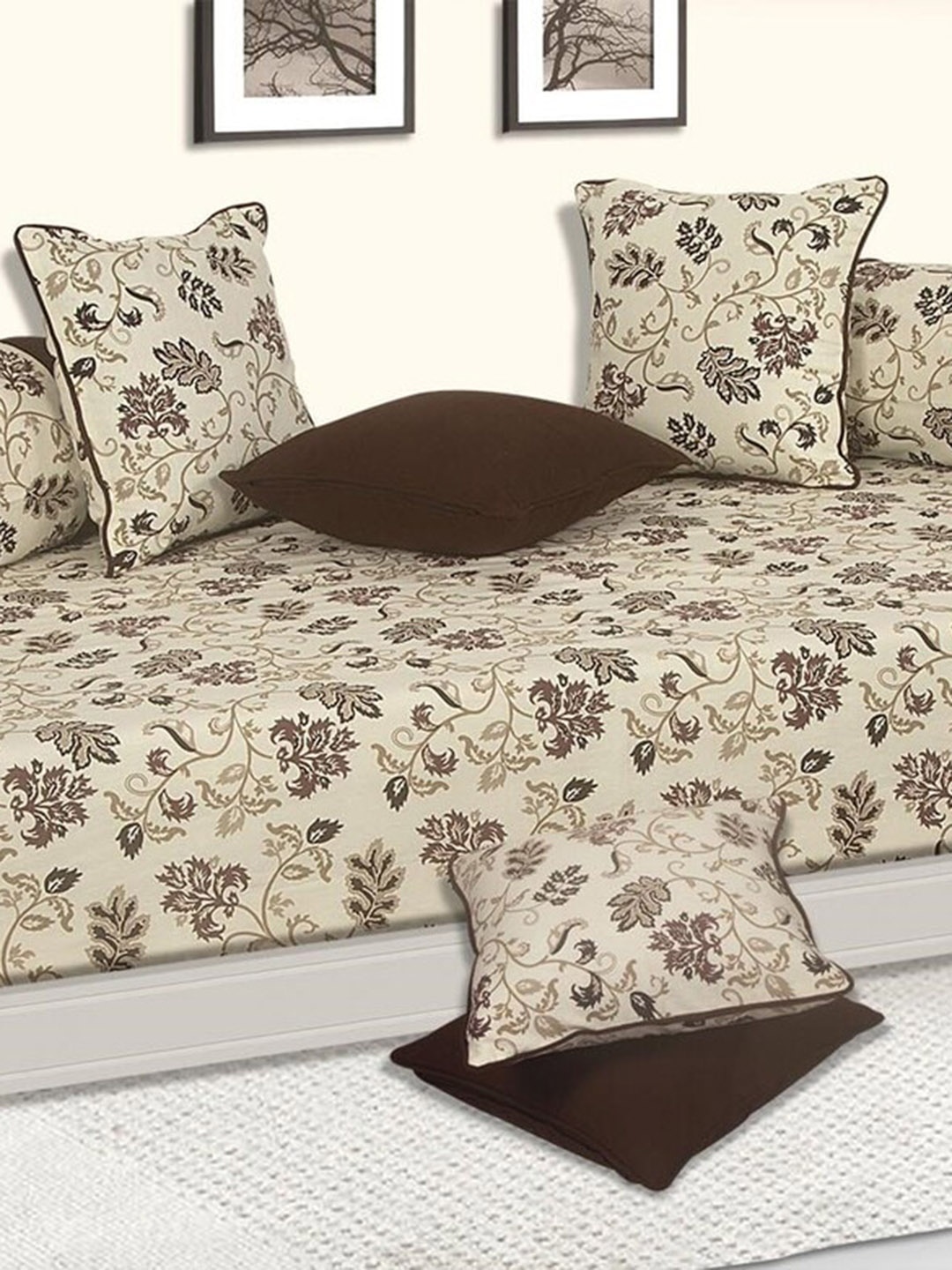

SHADES of LIFE Set Of 8 Brown Floral Printed Cotton Diwan Set
