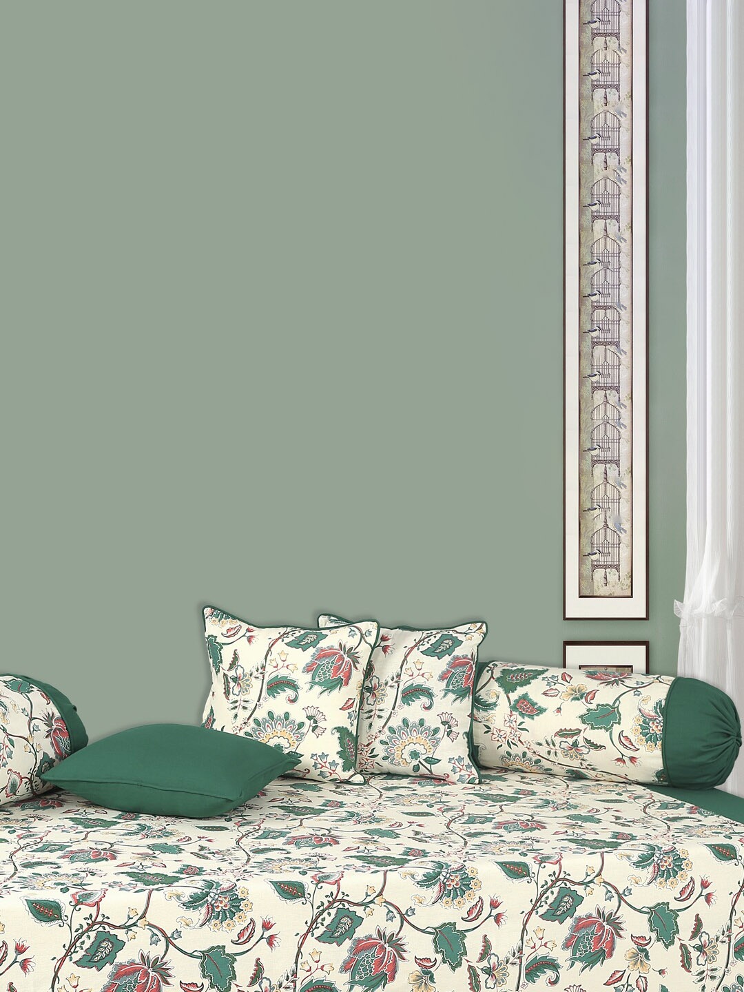

SHADES of LIFE Set Of 8 Sea Green Floral Printed Cotton Diwan Set