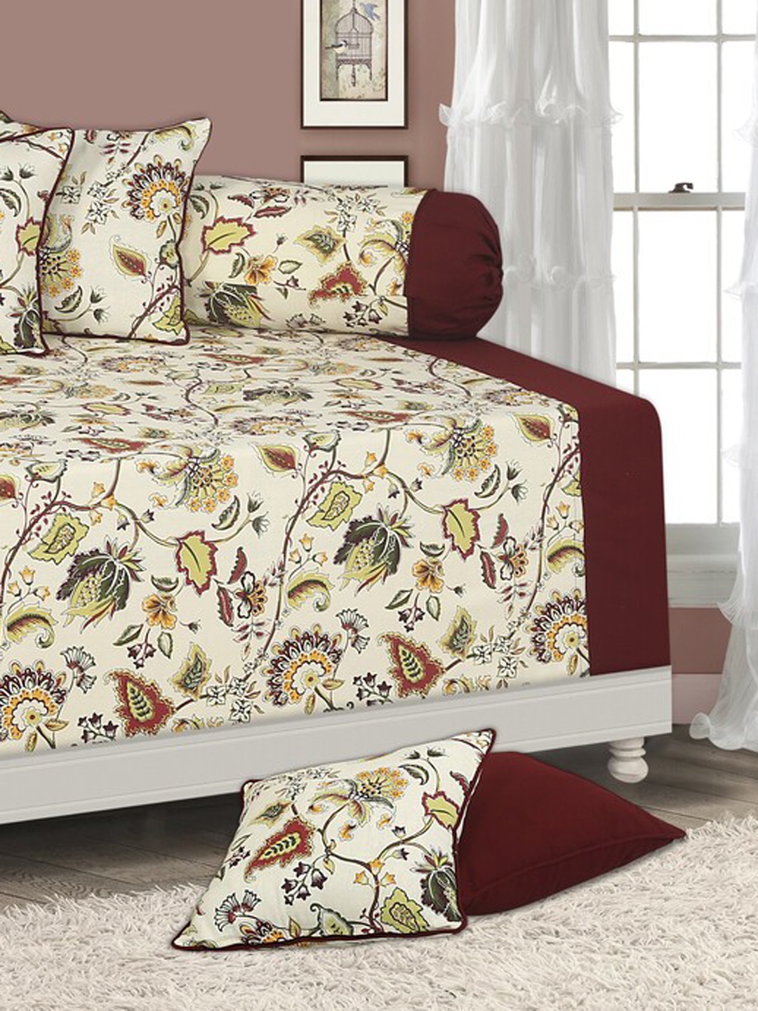 

SHADES of LIFE Set Of 8 Cream & Maroon Printed Cotton Diwan Set