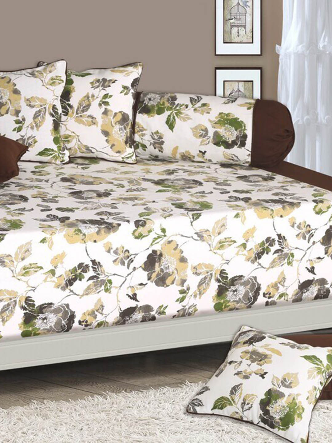 

SHADES of LIFE Set Of 8 White & Brown Floral Printed Cotton Diwan Set