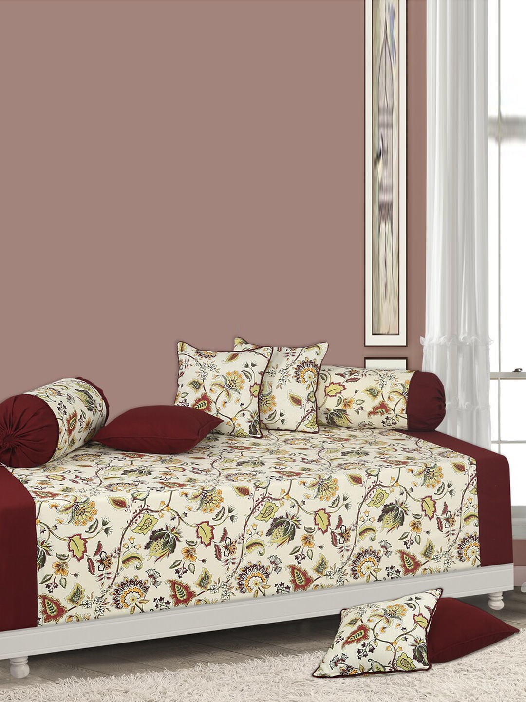 

SHADES of LIFE Cream Maroon 6 Pieces Floral Printed Cotton Diwan Set