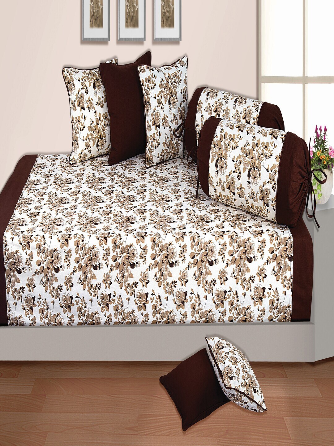 

SHADES of LIFE Beige Brown 6 Pieces Floral Printed Cotton Diwan Set