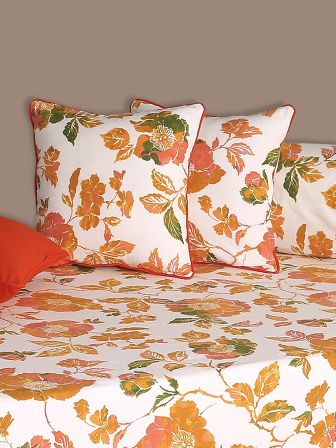 

SHADES of LIFE Set Of 8 Orange Floral Printed Cotton Diwan Set