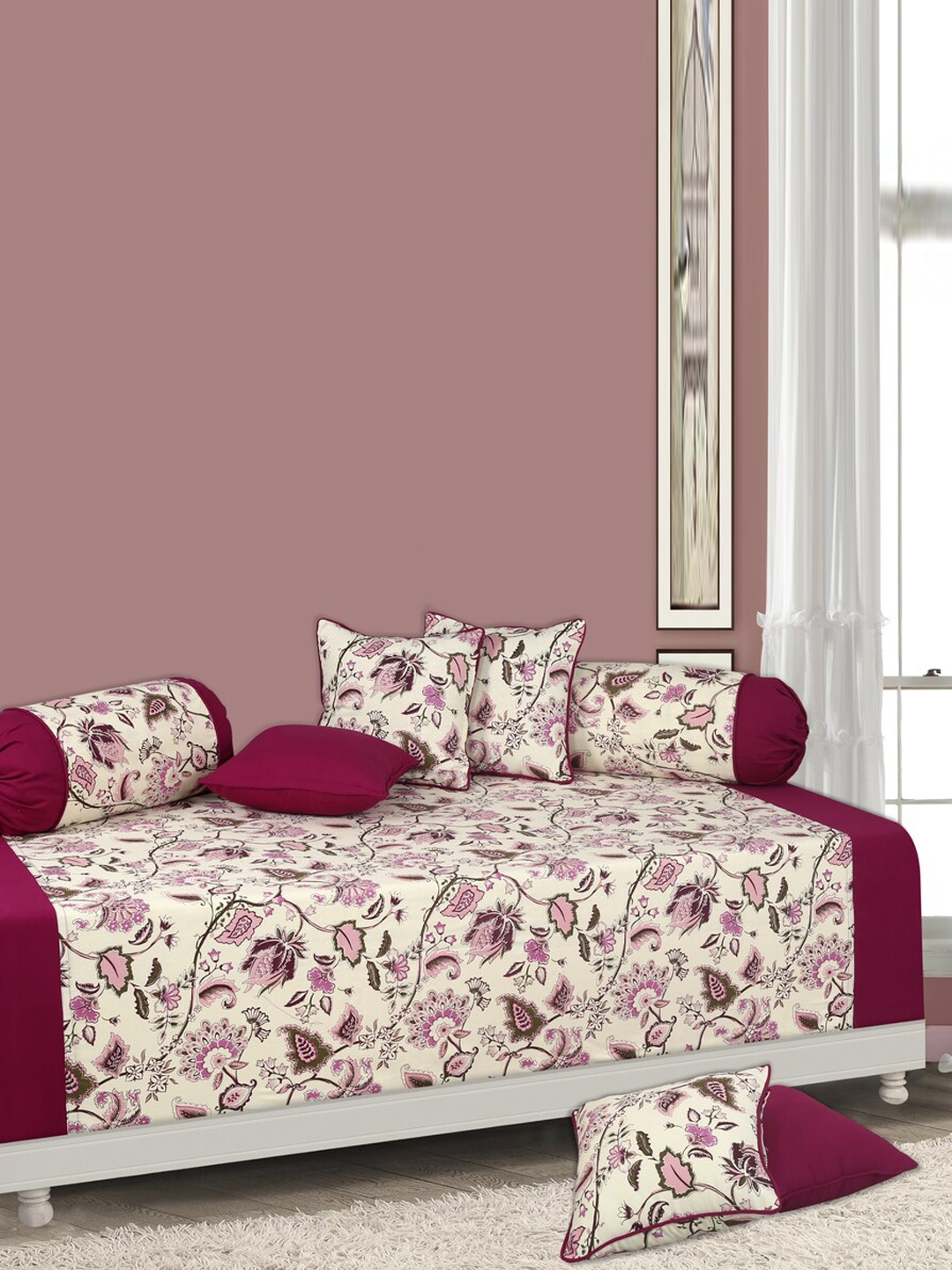 

SHADES of LIFE Set Of 8 Cream & Purple Floral Printed Cotton Diwan Set