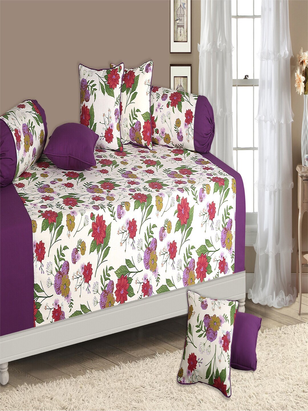 

SHADES of LIFE Set Of 6 Purple Floral Printed Cotton Diwan Set
