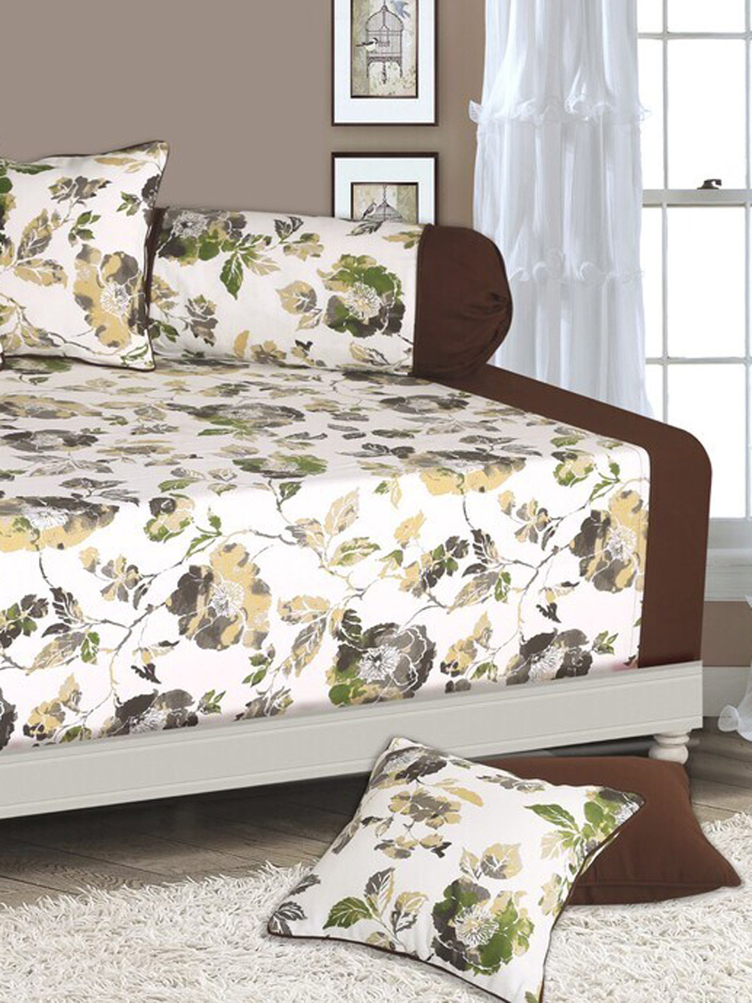 

SHADES of LIFE Set Of 8 Brown Floral Printed Cotton Diwan Set