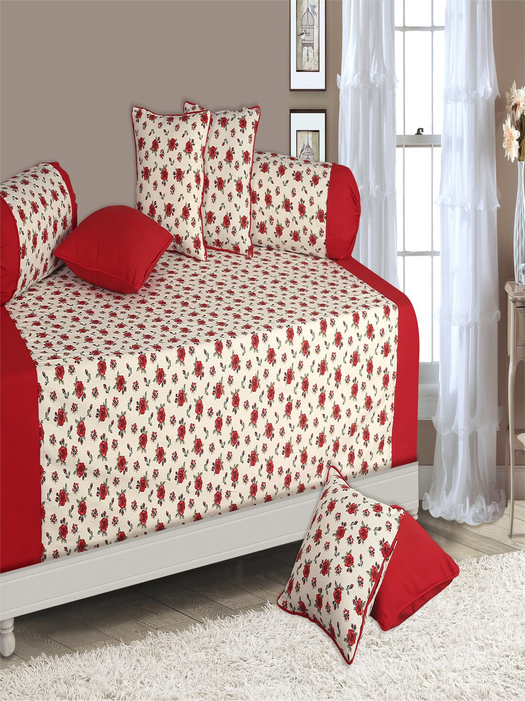 

SHADES of LIFE Set Of 6 Red Floral Printed Cotton Diwan Set