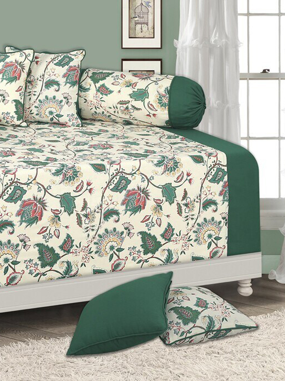 

SHADES of LIFE Set Of 6 Cream & Sea Green Floral Printed Cotton Diwan Set
