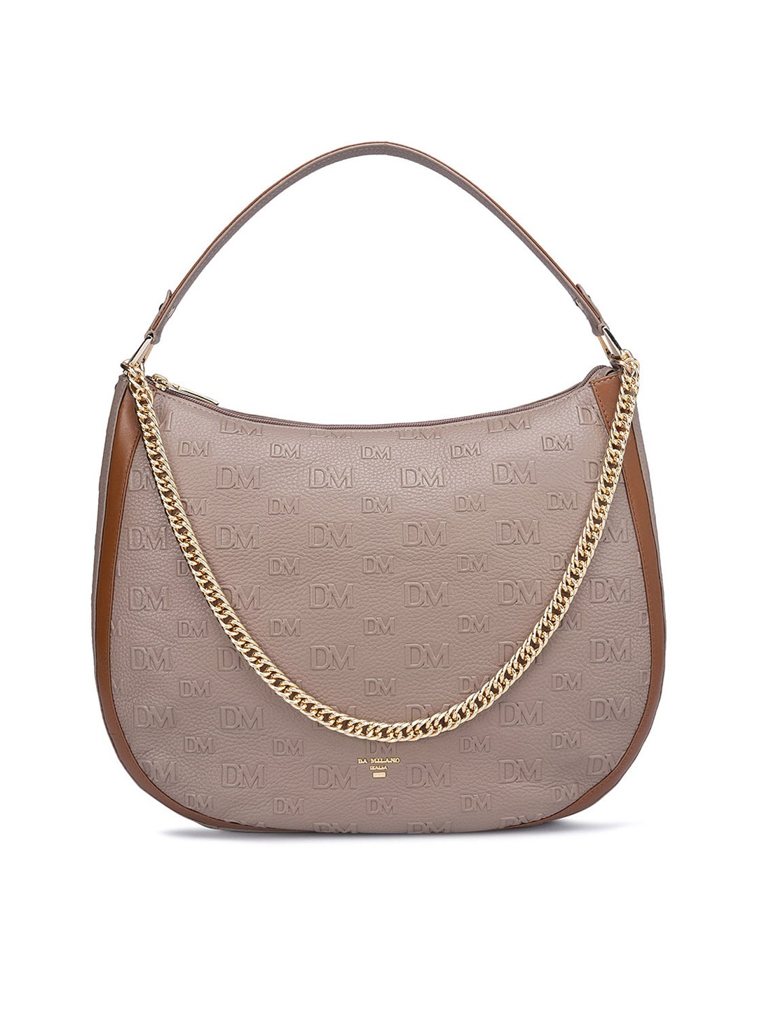 

Da Milano Textured Leather Half Moon Hobo Bag with Cut Work, Brown