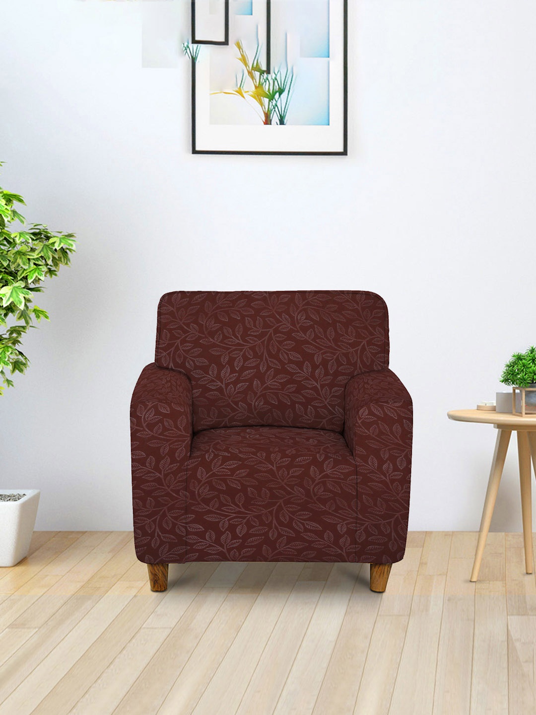 Cortina Brown Floral Printed 1-Seater Sofa Cover