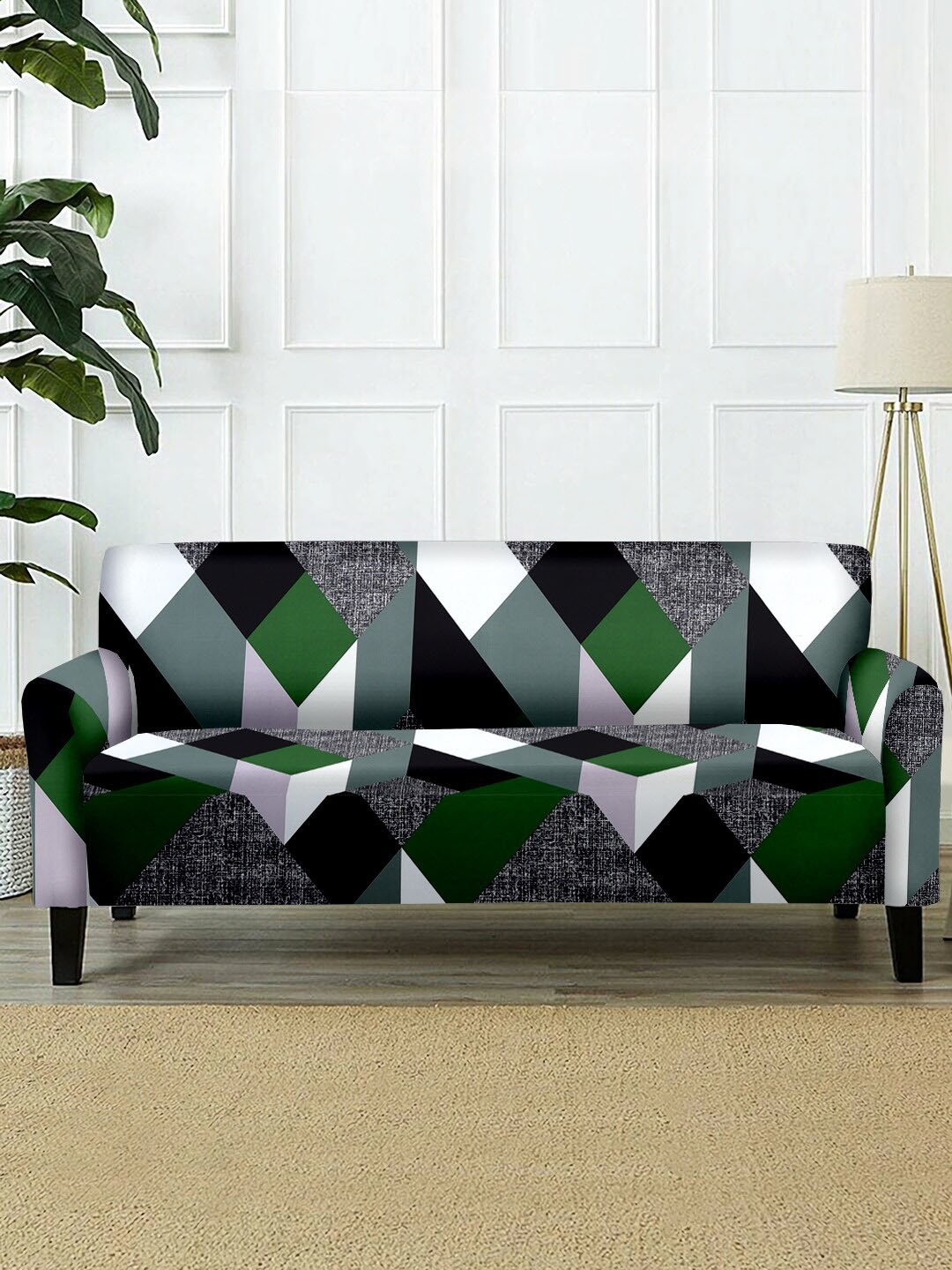 

Cortina Green & White Geometric Printed Stretchable 3-Seater Sofa Cover