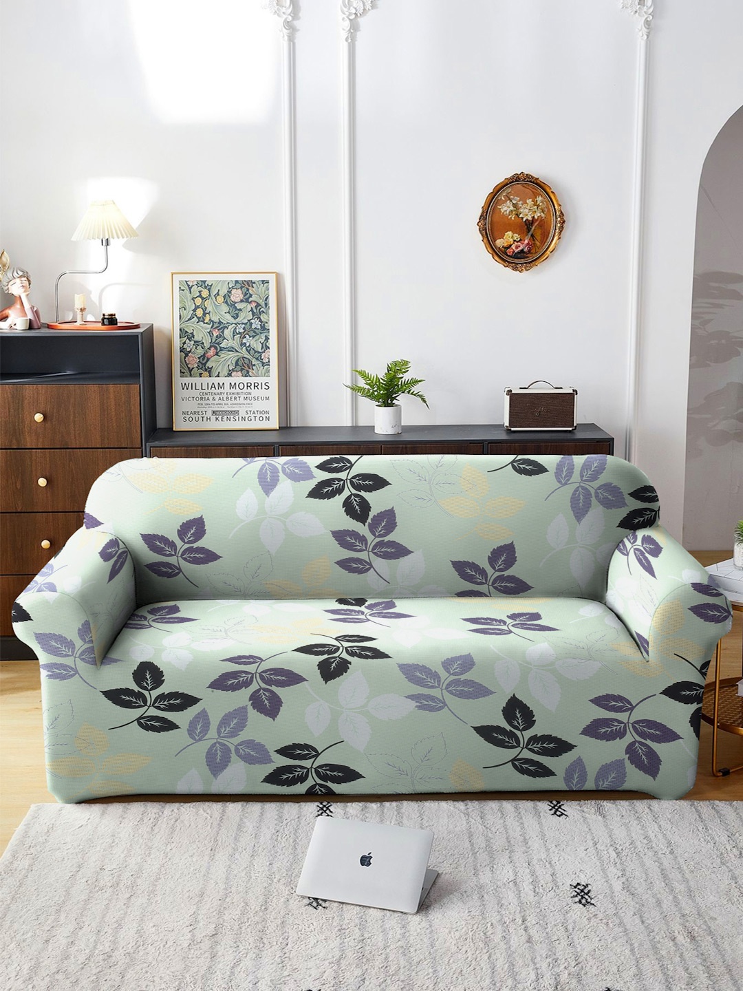 Cortina Green & White Floral Printed 3-Seater Sofa Cover
