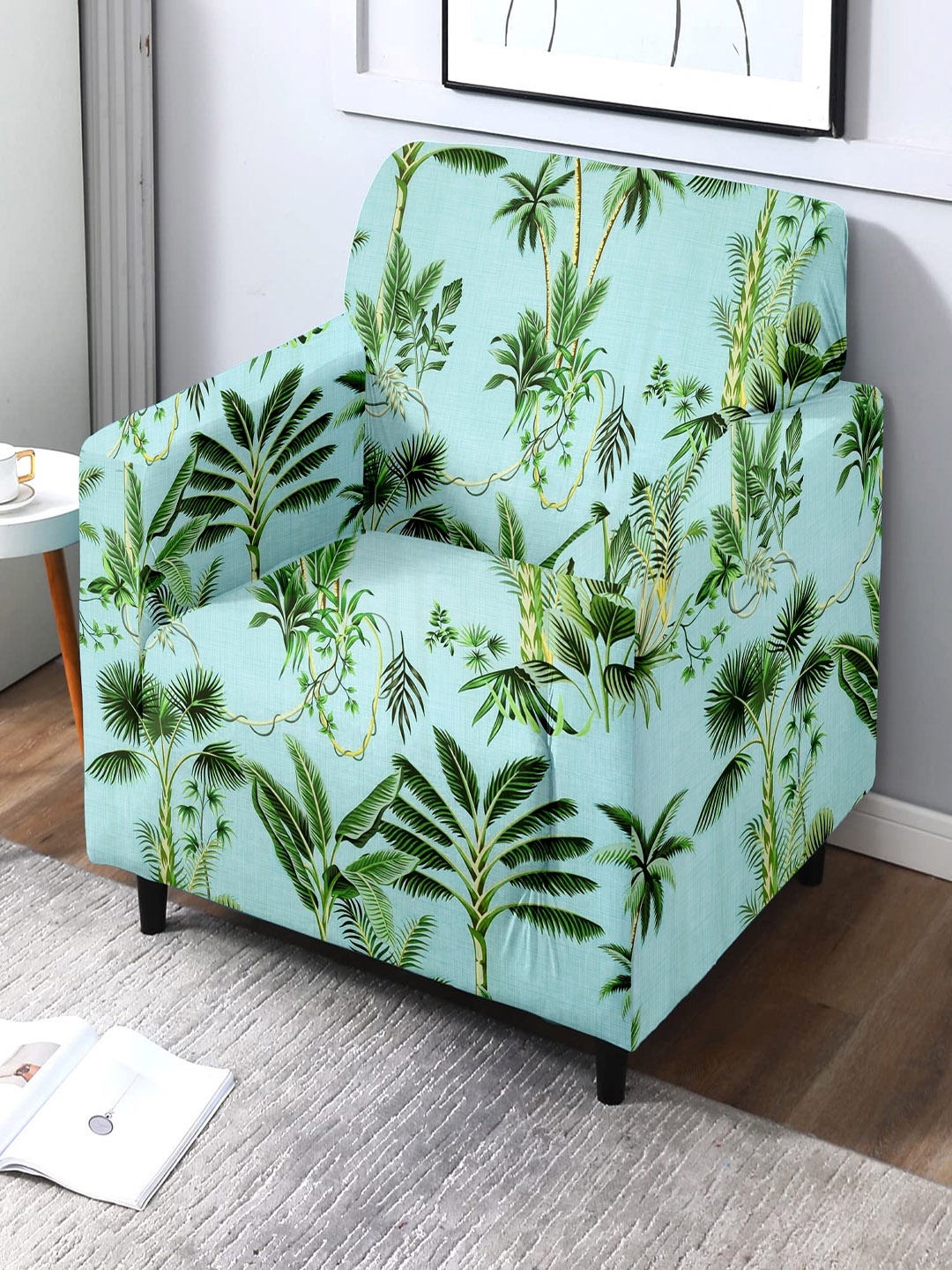 Cortina Turquoise Blue & Green Floral Printed 1-Seater Sofa Cover