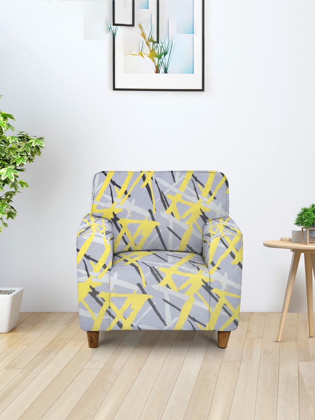 

Cortina Yellow & Grey Printed Stretchable 1-Seater Sofa Cover