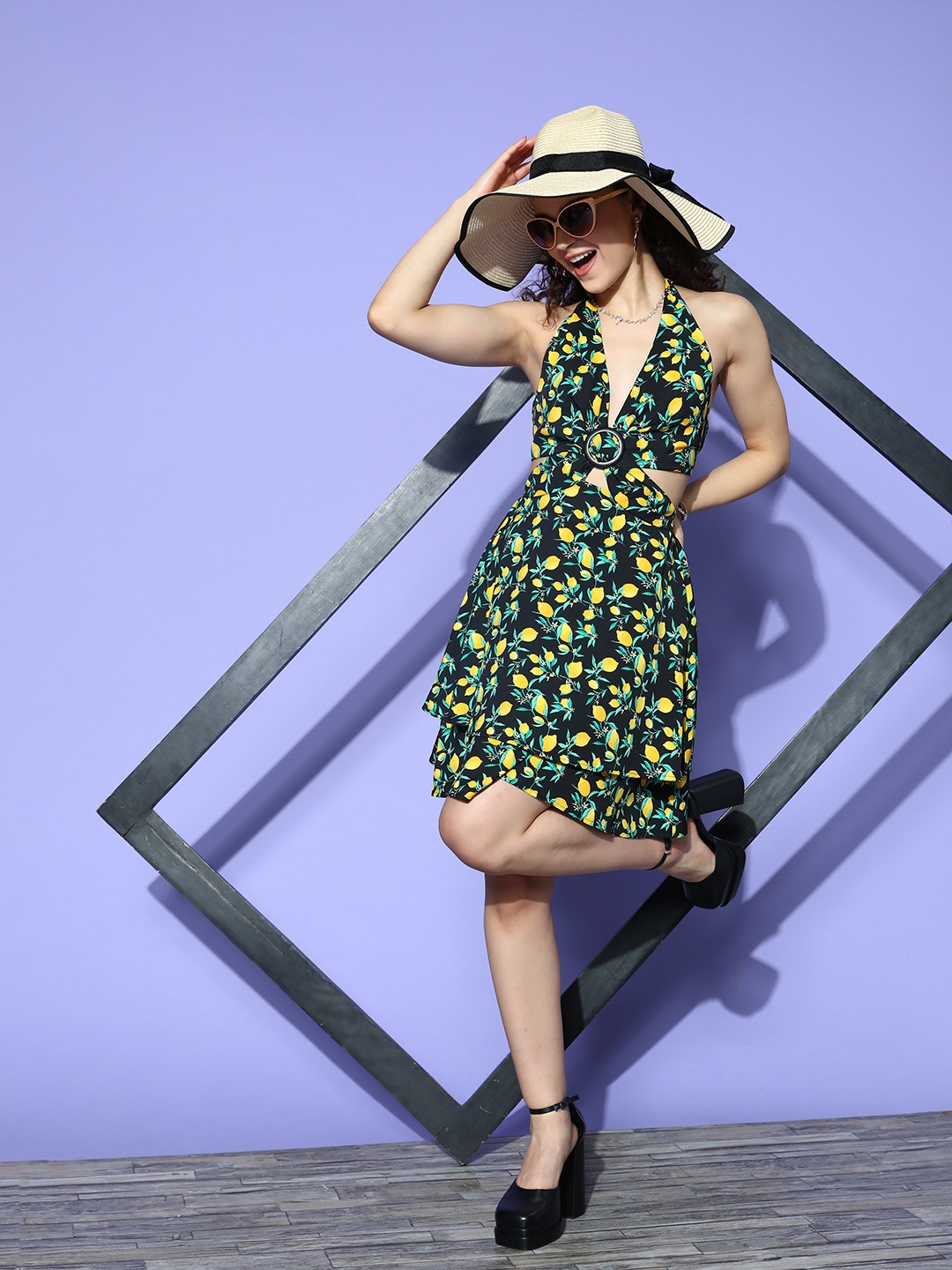 

Berrylush Floral Halter Neck Cut-Outs Crepe Mini Dress, Black