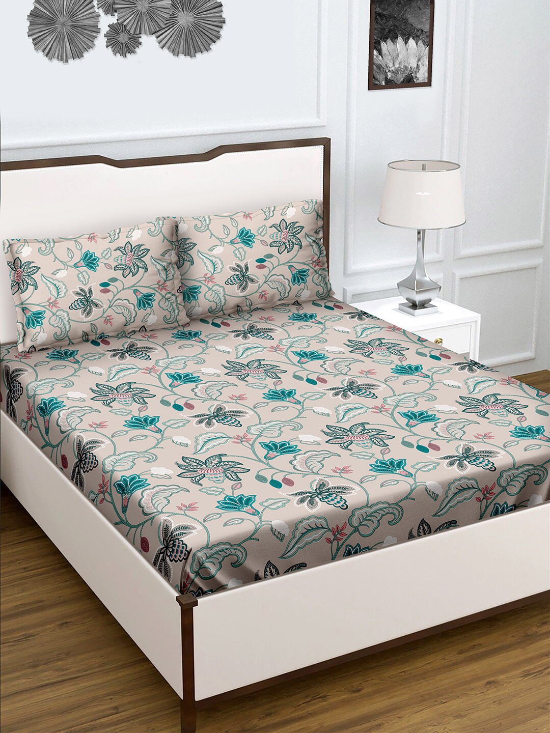 

BELLA CASA Beige & Teal Floral 180 TC King Bedsheet with 2 Pillow Covers