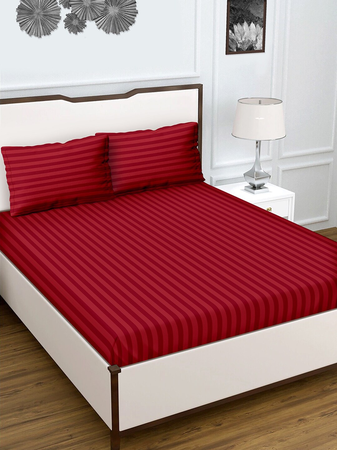 

BELLA CASA Crystal Collection Red Striped 210 TC King Bedsheet with 2 Pillow Covers