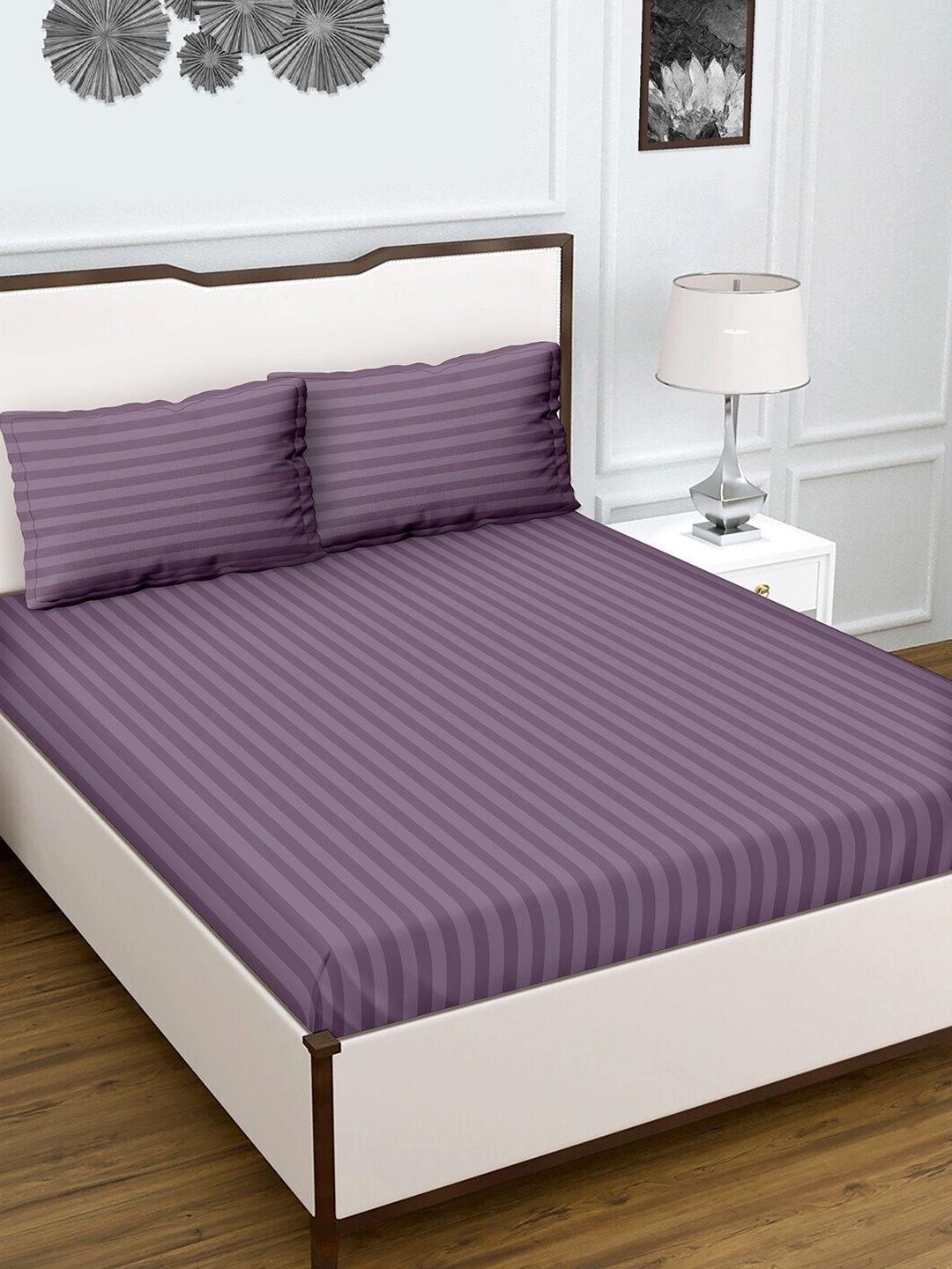 

BELLA CASA Crystal Collection Purple Striped 210 TC King Bedsheet with 2 Pillow Covers