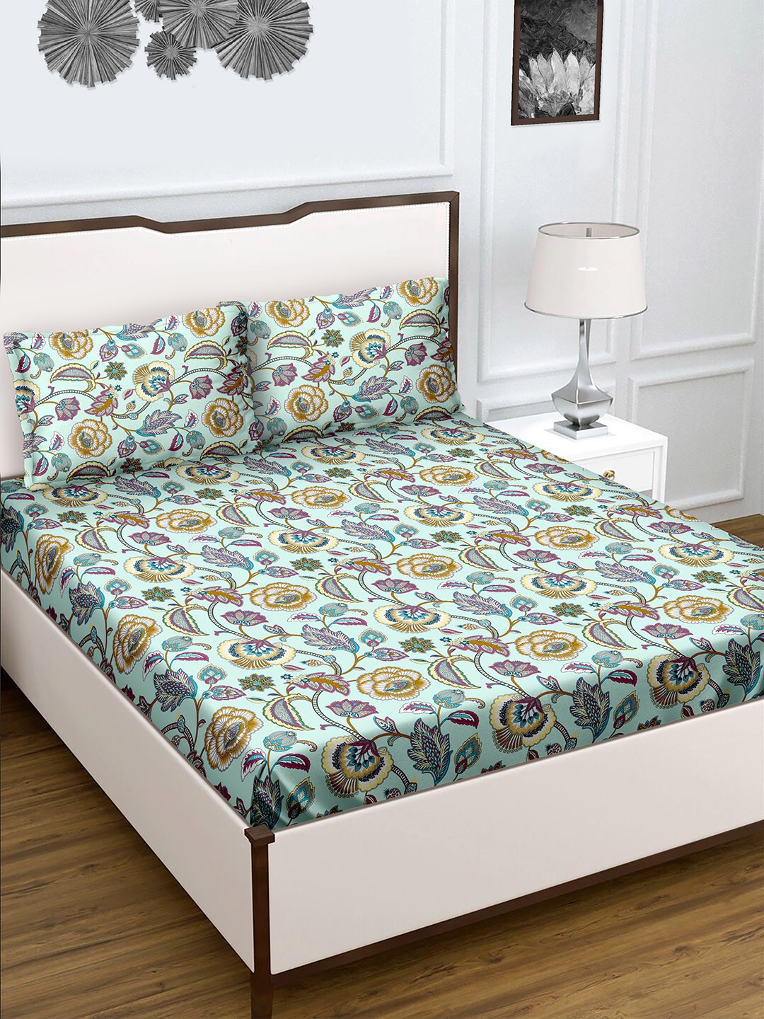 

BELLA CASA Radiant Collection Blue & Brown Floral 180 TC King Bedsheet & 2 Pillow Covers