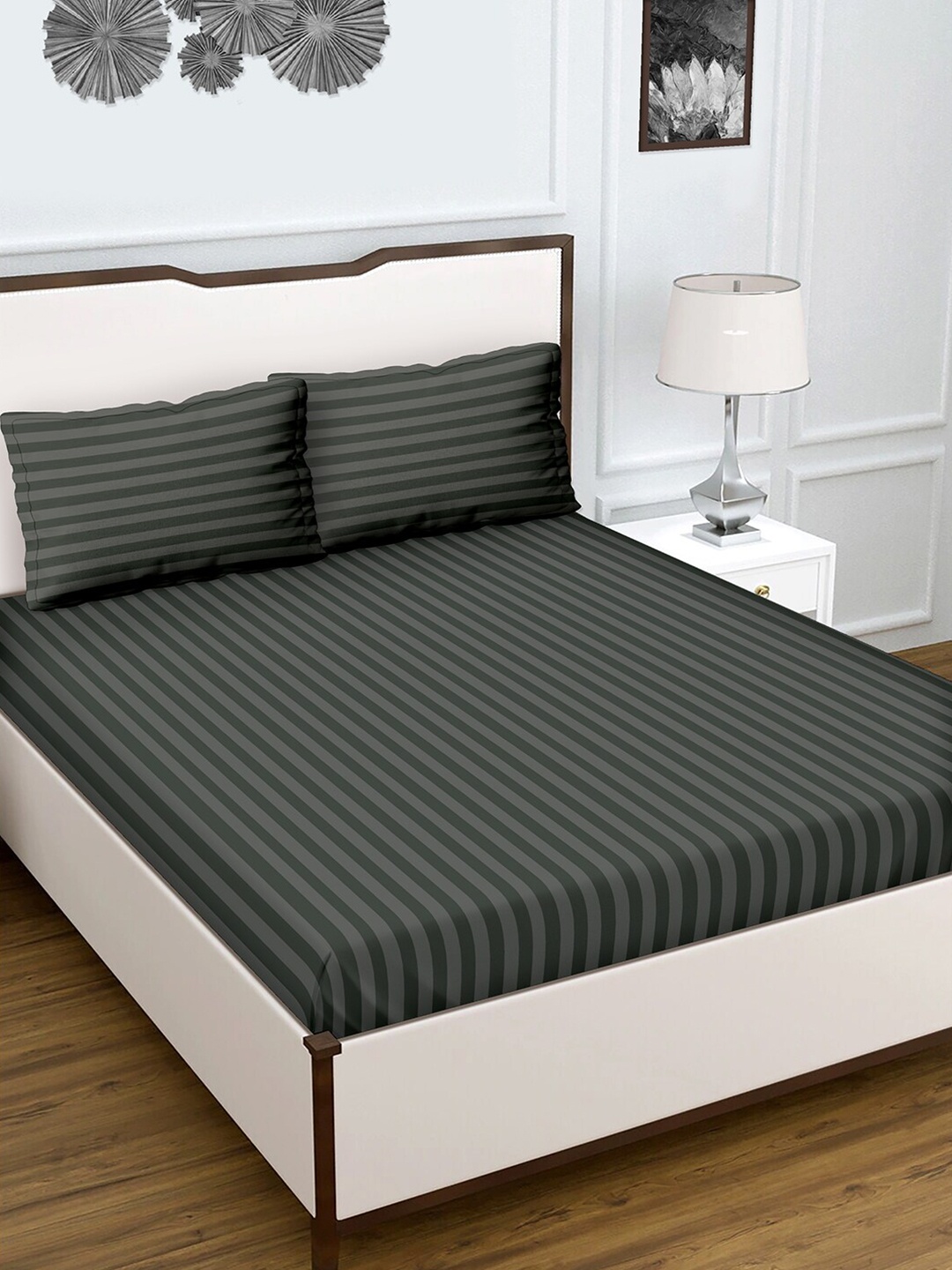 

BELLA CASA Crystal Collection Grey Striped 210 TC King Bedsheet with 2 Pillow Covers