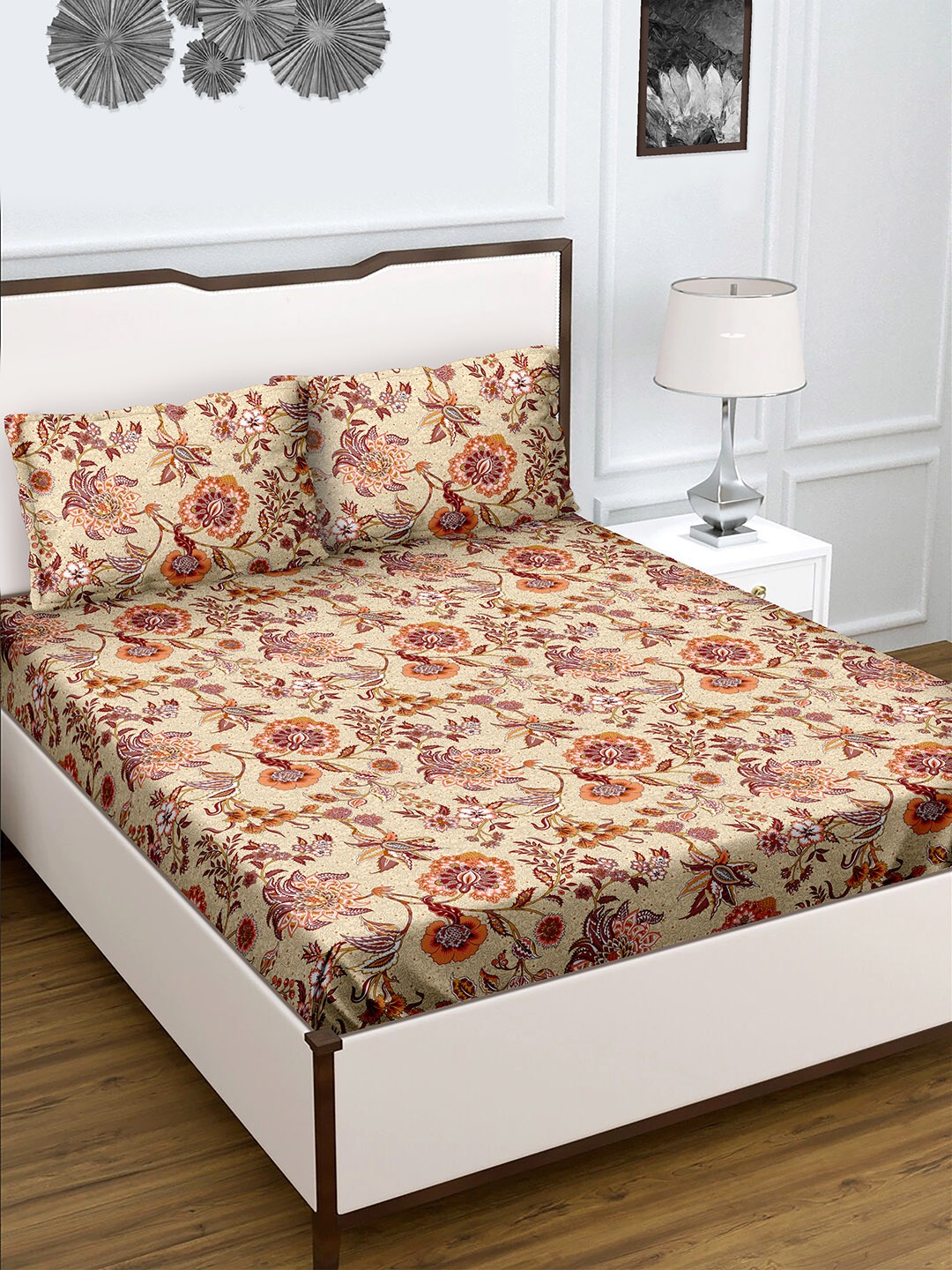 

BELLA CASA Rediant Beige 180 TC Flat Pure Cotton King Bedsheet with 2 Pillow Covers