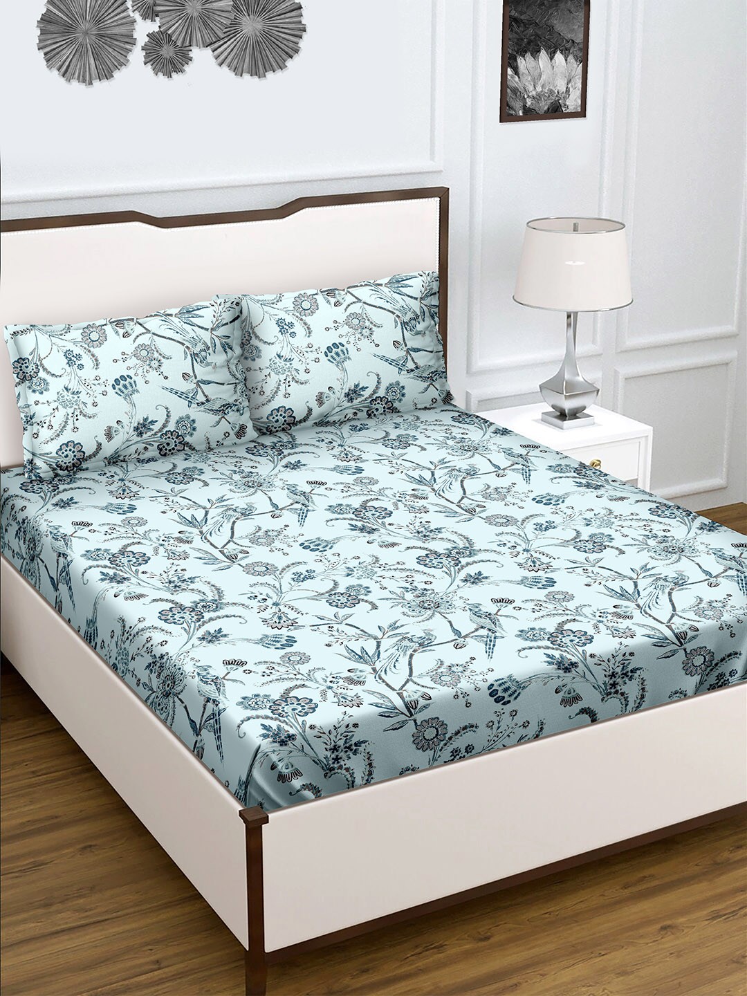 

BELLA CASA Rediant Blue Floral 180 TC Flat Pure Cotton King Bedsheet with 2 Pillow Covers